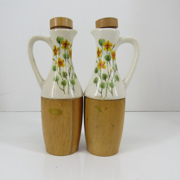 Oil and Vinegar Cruet Set Wood & Hand Painted Flowers with Cork Stoppers - Picture 6 of 6